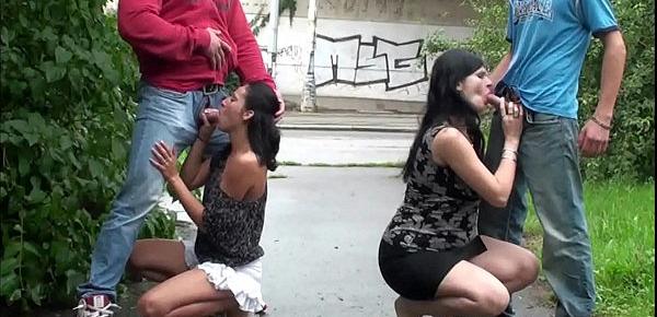  A pregnant girl in a public street foursome
